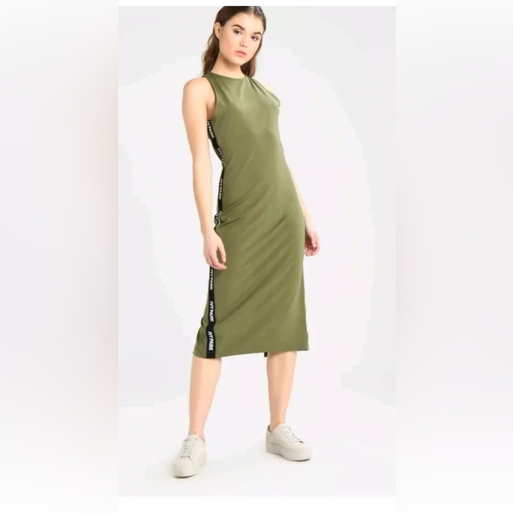 Sleeveless Olive Green Midi Dress with Side Tape Detail